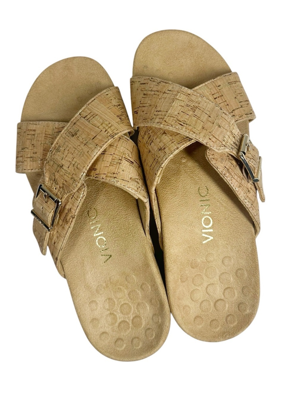 Vionic Dorie Women's 8 Cork-Textured Tan Cross Strap Slide Sandals